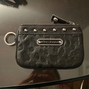 Adorable black leather cheetah embossed top zip wallet coin piece with keychain